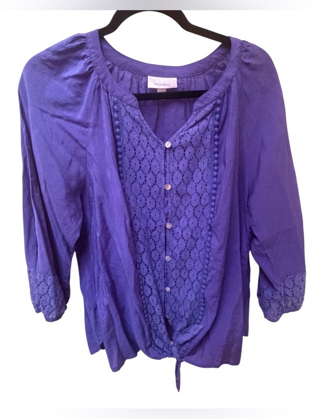 Dress Barn Lace-Front Tie Button Hem Blouse, Large